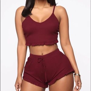 Sexy Thermal Ruffle Burgundy Cami Shorts Set S